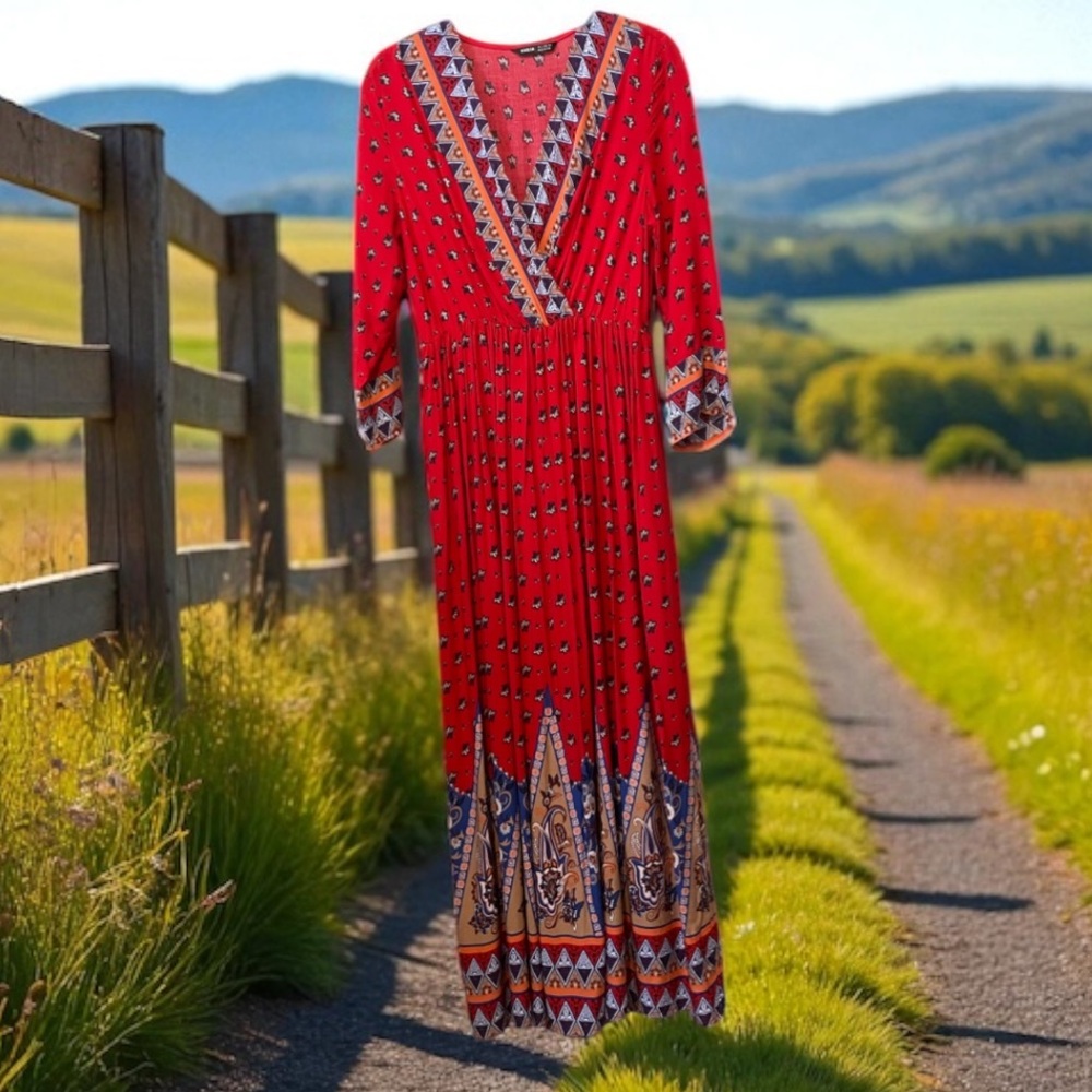 NWOT Vibrant Red and Blue Cotton Blend Maxi Dress size Small - Picture 7 of 16